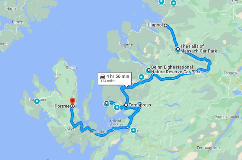 Map of the route from Ullapool to Portree, Scotland