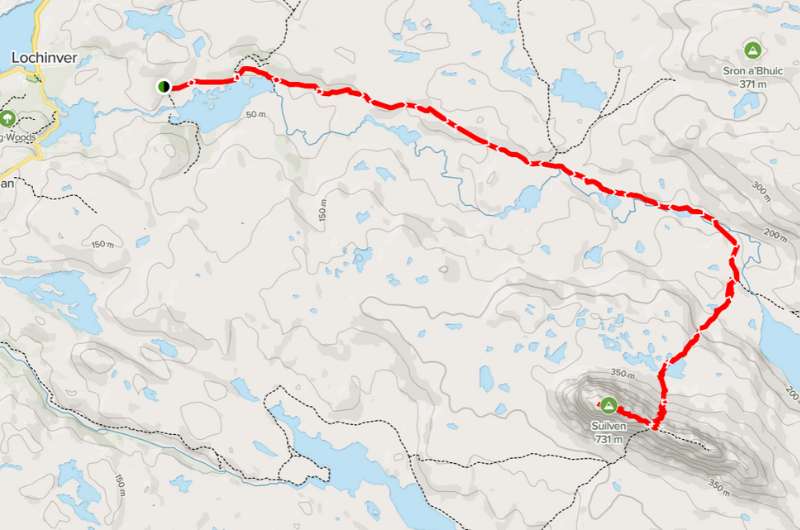 Map of the Suilven hike route, Scotland