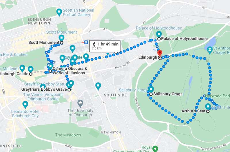 Map of the walking route in Edinburgh, Scotland