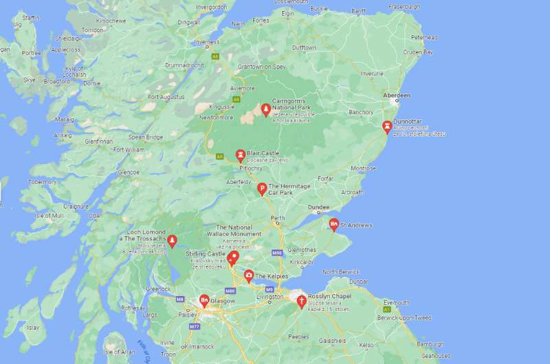 Map of Edinburgh day trips, Scotland