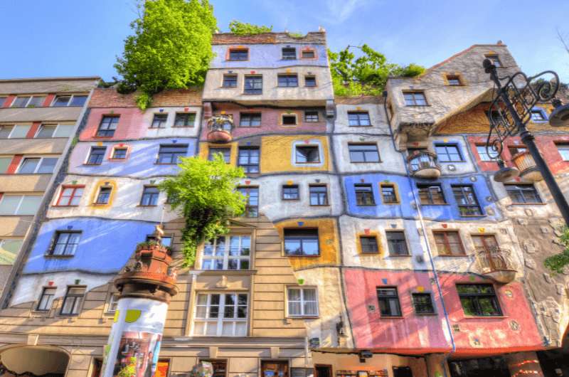 The colorful façade of the Hundertwasser House in Vienna, Austria