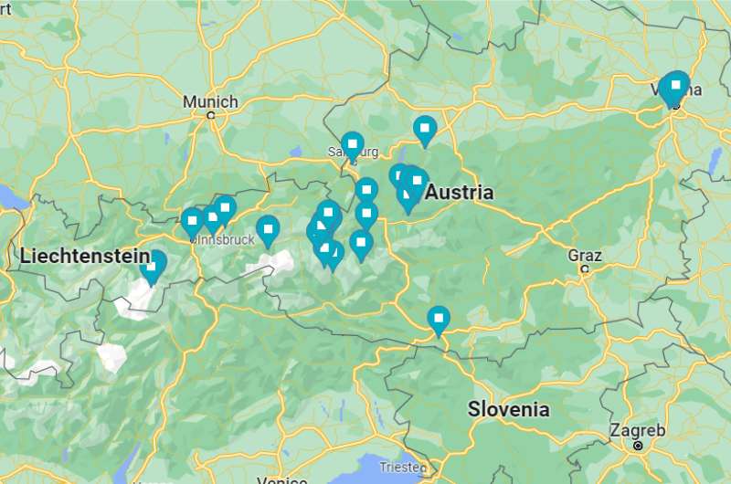 A map showing all the stops on this Austria itienrary 10 days