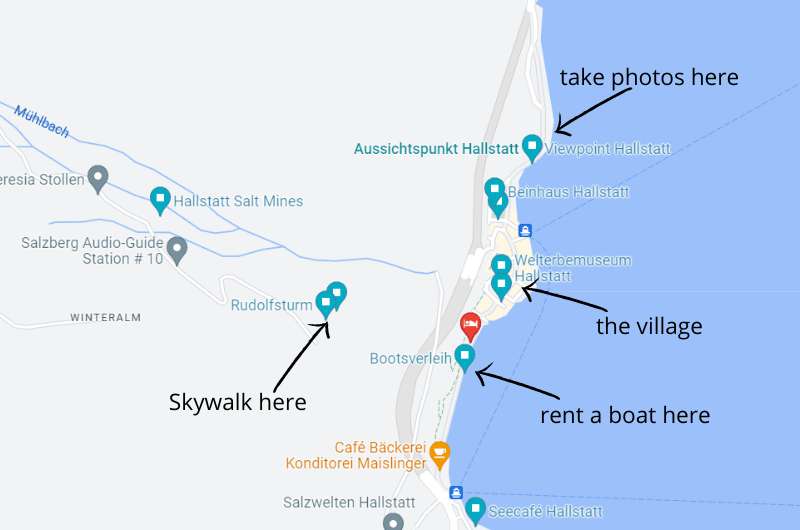 Map showing highlights of Hallstatt, Austria