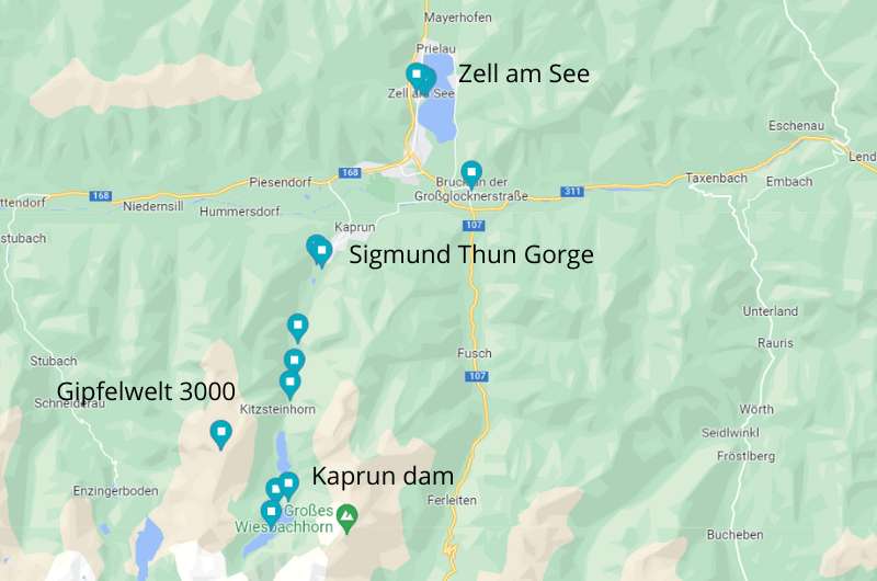 Map showing points of interest around Kaprun, Austria itinerary