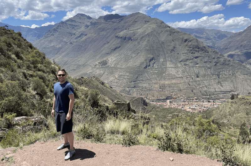 A tourist and the Sacred Valley view, Peru