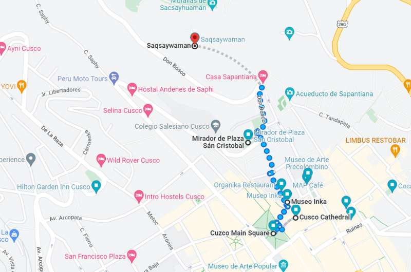 Map of day 1 of Cusco 3-day itinerary 