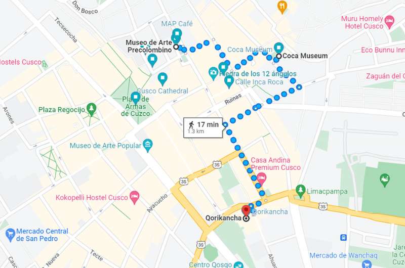 Map of highlights of day 2 of Cusco itinerary