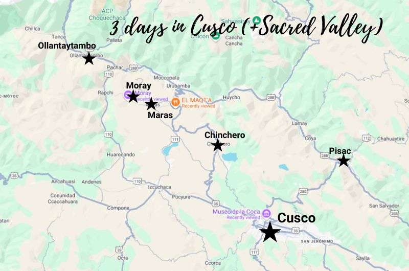 Map showing Cusco and Sacred Valley highlights visited on 3-day Cusco itinerary by Next Level of Travel