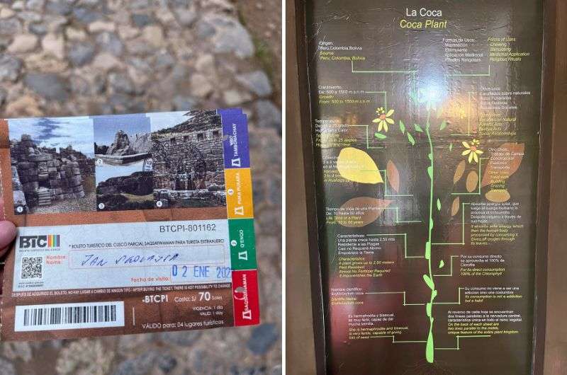 The Cusco ticket and the coca plant in Cusco, photos by Next Level of Travel