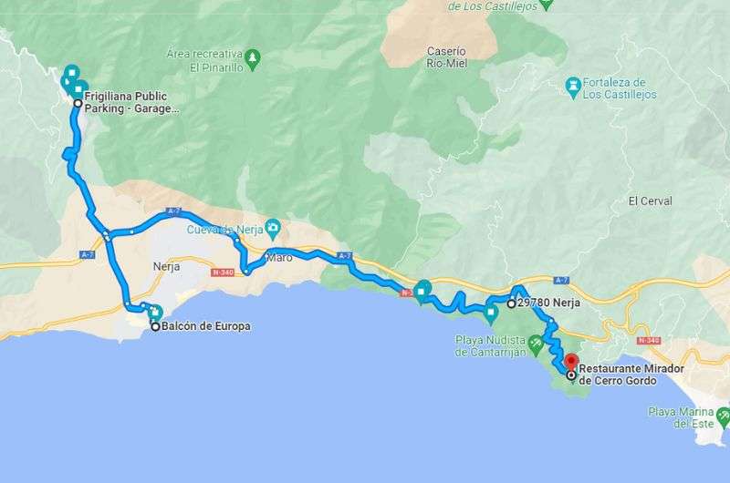 Route of day 3 on Southern Spain itinerary: Nerja