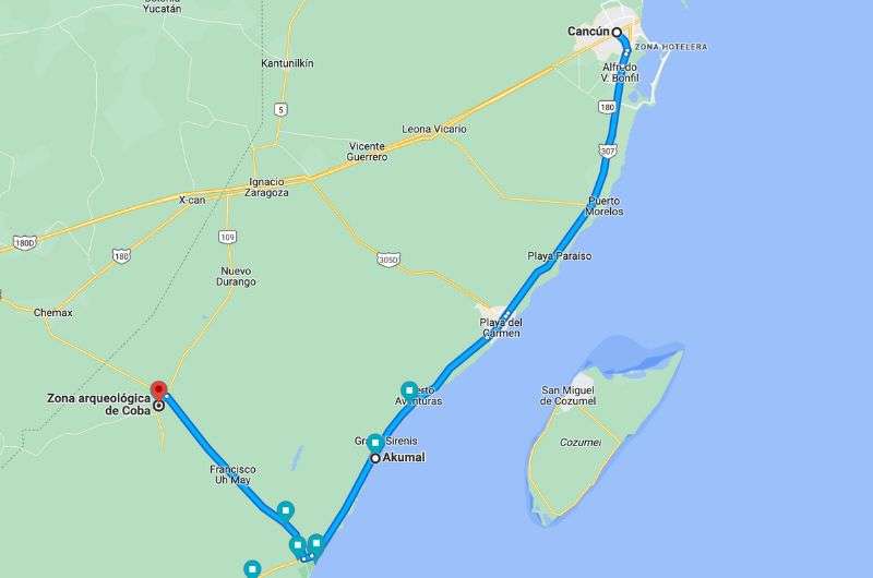 Map of day 13 of Yucatán Itinerary 