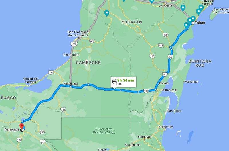 Map of day 6 and 7 of Yucatán Itinerary   