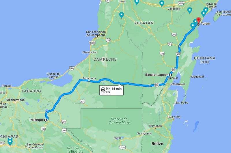 Map of day 8 of Yucatán Itinerary    