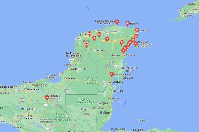 Map of Yucatán Itinerary 2 weeks