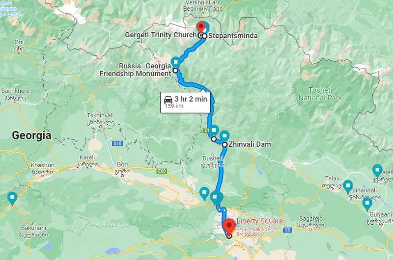 Map Showing Route From Tbilisi To Kazbegi Day Trip 6 