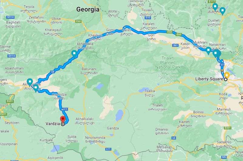 Map Showing The Route Of The Day Trip From Tbilisi To Vardzia 9 