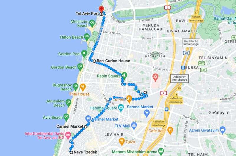 Map of the route of Tel Aviv itinerary for 1 day, Israel