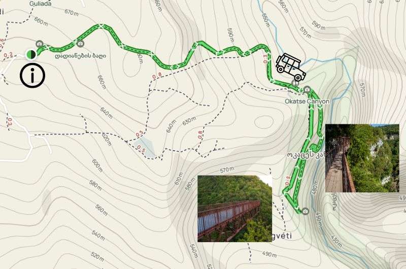 Map showing Okatse Canyon hiking route, Kutaisi day hike