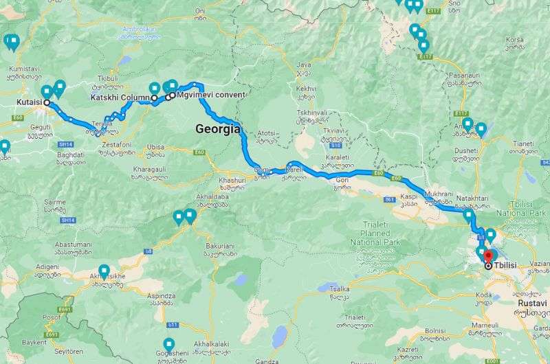 Map showing route from Kutaisi to Tbilisi, Georgia