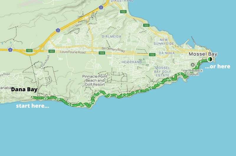 St. Blaize trail map, hiking from Mossel Bay, Garden Route, South Africa
