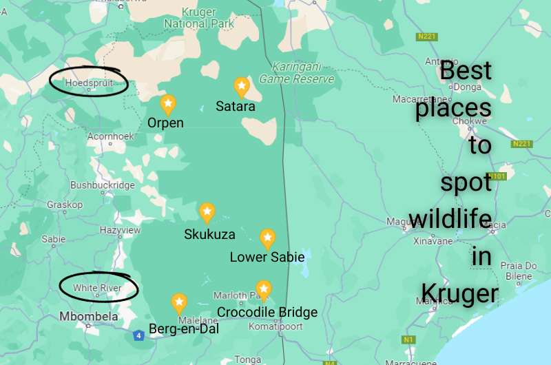 Map of Kruger National Park showing best places to see wildlife