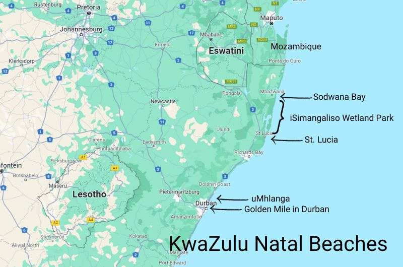 Map of the best beaches in Kwazulu Natal province, South Africa