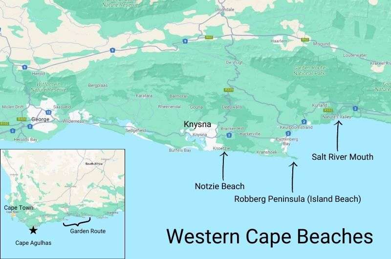 Map of the best beaches in Western Cape South Africa
