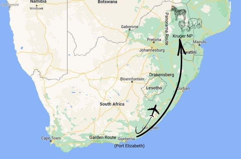 Map showing day 12 of South Africa itinerary