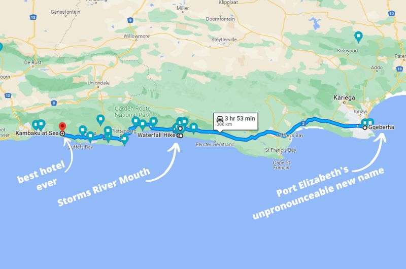 Map showing the first day of Garden Route itinerary, South Africa