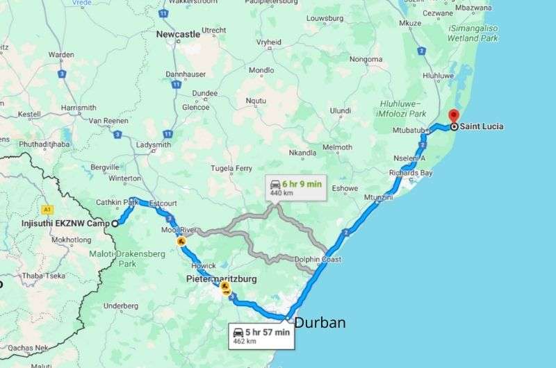 Map with route from Drakensberg to St. Lucia on 3-week South Africa itinerary