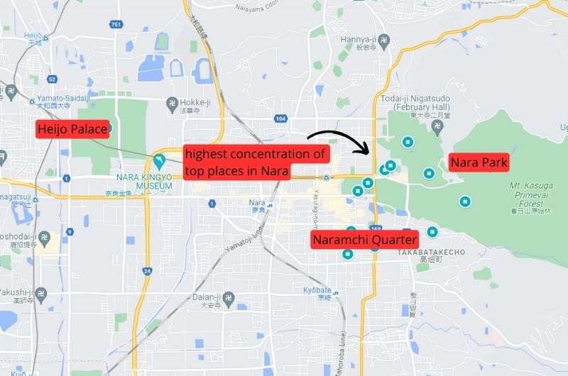 Map of must-see places in Nara, Japan, for 1-day trip plan