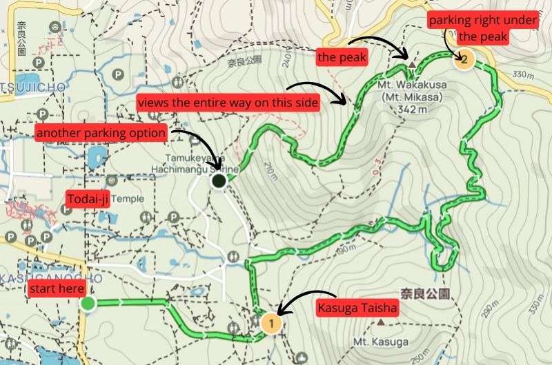 Map showing the hike to Mt. Wakakusa, Nara Park, Nara itinerary for 1 day, Japan
