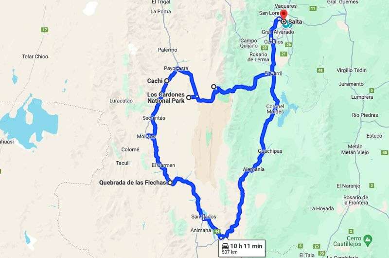 Map of the second day of Salta&Jujuy itinerary