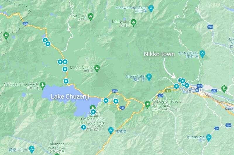 Map showing the best things to do in Nikko, Japan, attractions and nature sites