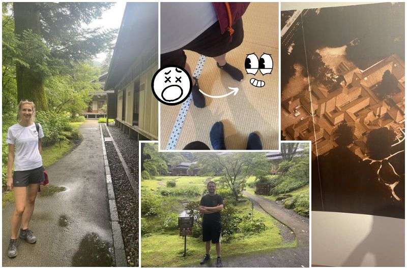 Touring Nikko Imperial Villa, a photo showing a hole in a sock on a tourist inside the villa