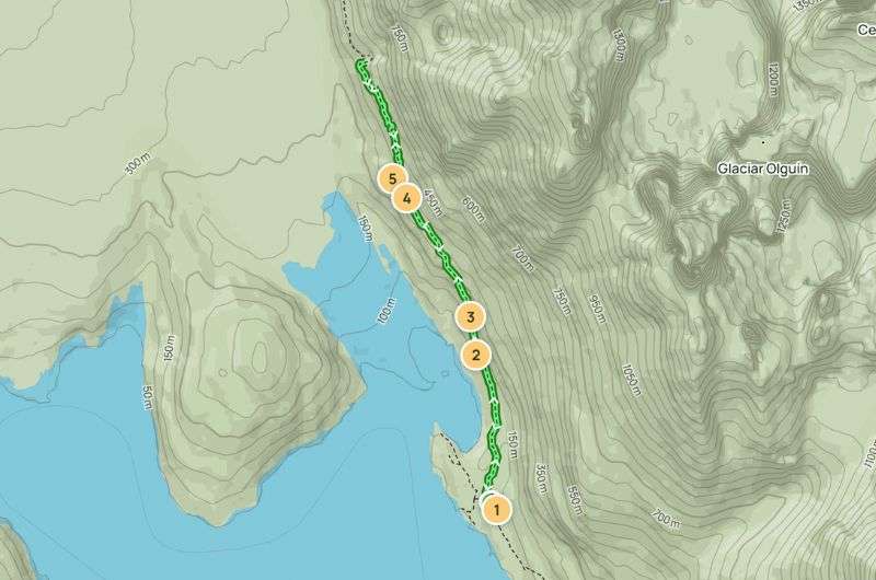 Map of the Camp Grey—John Garner Bridge hike, Patagonia