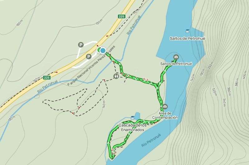 Map of the hike to Petrohué waterfalls, Patagonia