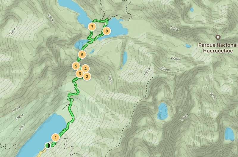 Map of the Sendero Los Lagos Huerquehue hike, Patagonia