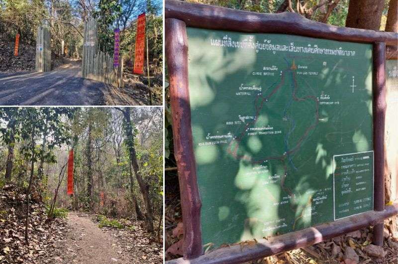 How to find the trailhead to Monk’s Trail up to Wat Pha Lat in Chiang Mai: entrance gate, sign with map, and flags marking the way