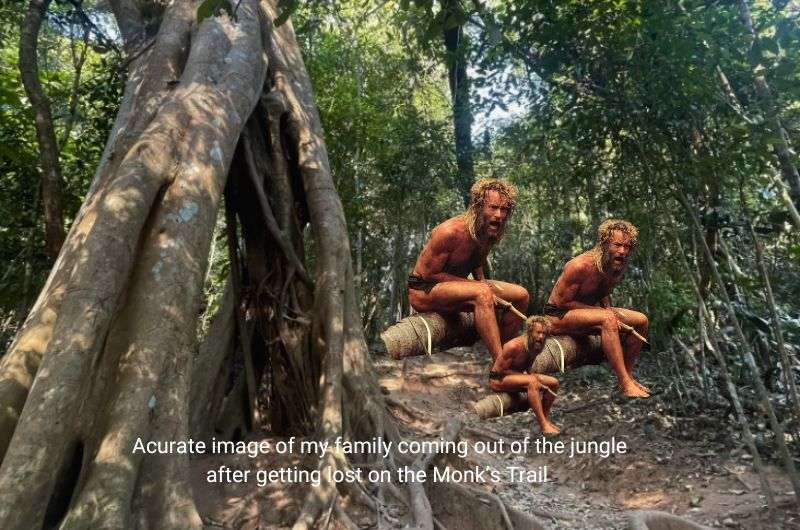 Meme showing a family coming out of the jungle looking like Tom Hanks in Castaway
