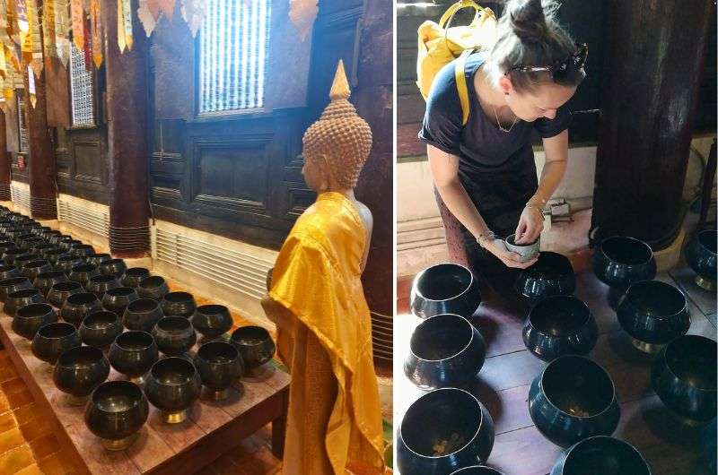 Throwing coins into 108 bowls in Wat Phan Tao in Chiang Mai Old Town