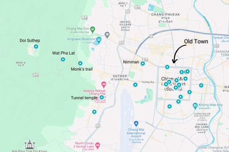 A map of all the places visited in CHiang Mai on this 5-day itinerary