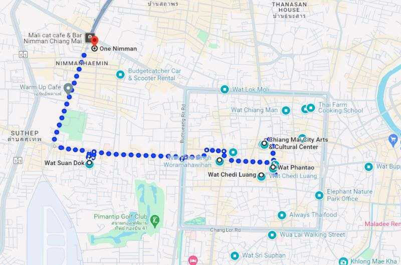 Map of route on day 1 of Chiang Mai itinerary, THailand