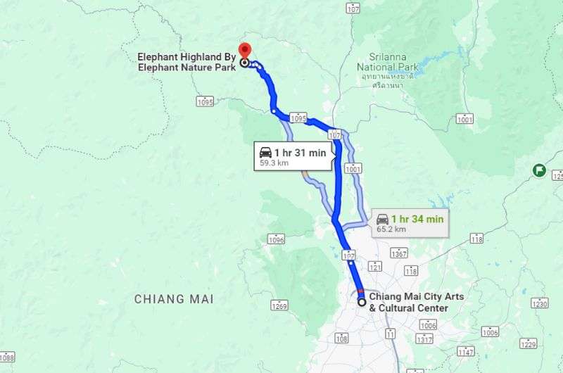 Map of route to elephant sanctuary visited on fourth day in Chiang Mai, Thailand