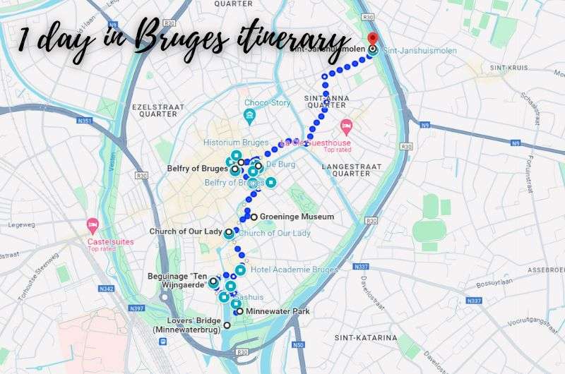 The walking route during your itinerary for 1 day in Bruges, Belgium