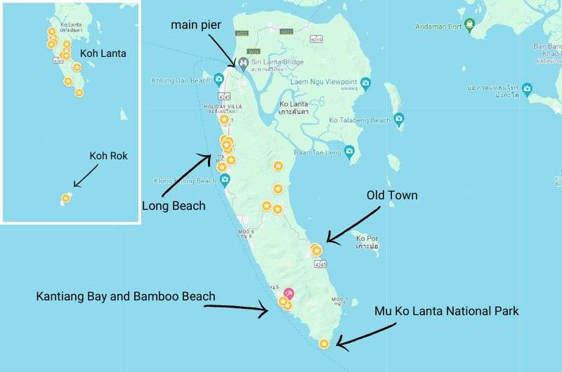 Map of Koh Lanta, Thailand, top places to see