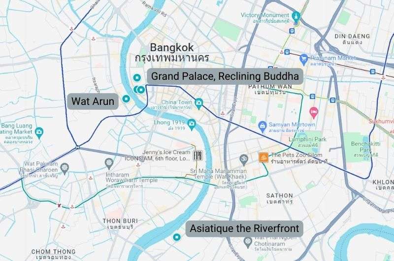 Map of Bangkok itinerary day 1, Thailand