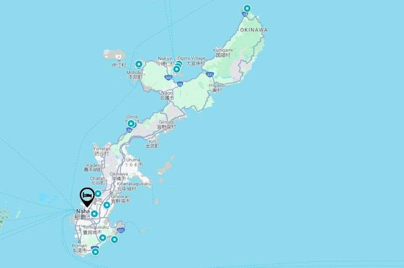 Map showing all the stops in a 3-day Okinawa itinerary