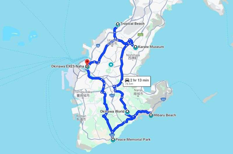 Map showing the driving route of day 1 Okinawa itinerary by Next Level of Travel