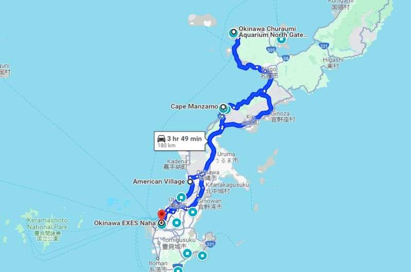 Map showing the driving route of day 2 Okinawa itinerary by Next Level of Travel